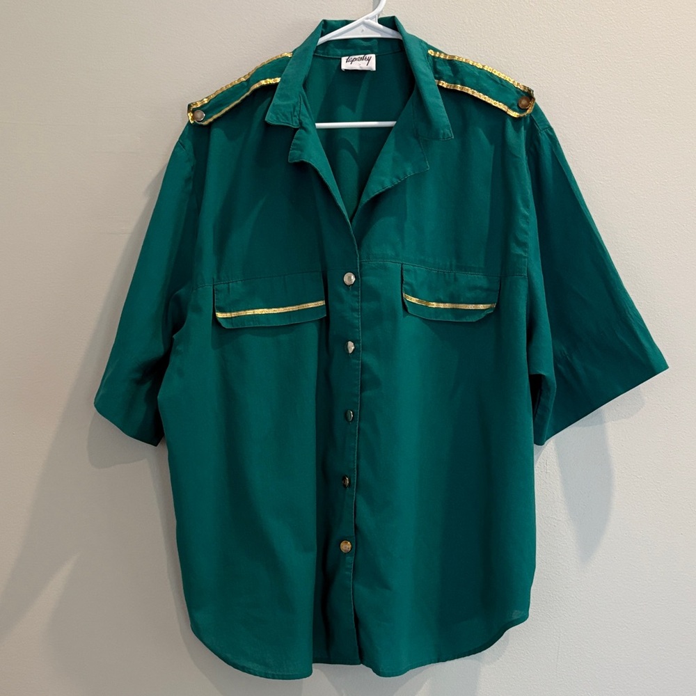Emerald Green Button-Up Blouse with Gold Accents